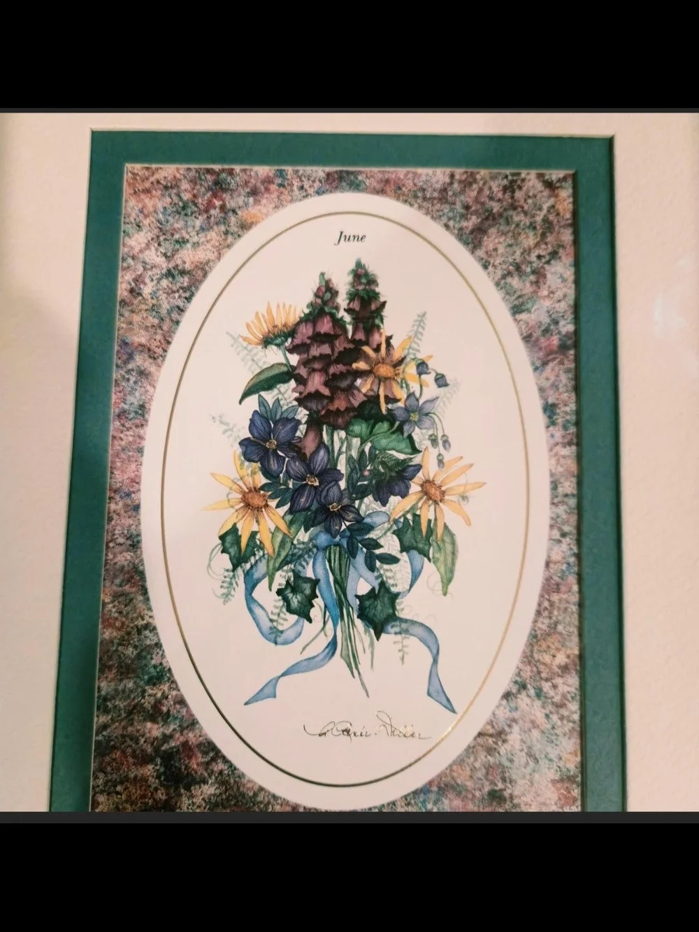 Gold Framed Floral Print with Teal Mat - Unbranded
